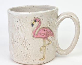 Flamingo on Retro/Vintage White Hnadmade, in Ohio, Stoneware 10oz Mug
