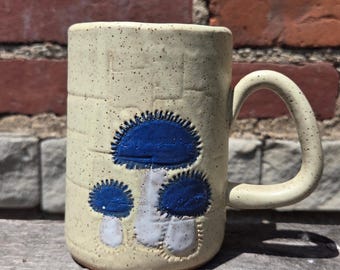 Blue Bonnet Mushroom on Handmade in Ohio, Butter Stoneware 14oz Mug