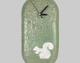 White Squirrel on Handmade, in Ohio, Green Stoneware Wall Clock