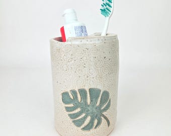 Monstera Leaf on Handmade Stoneware White Toothbrush Holder