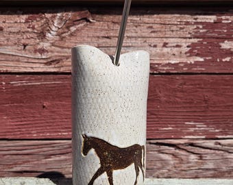 Brown Horse on White Hnadmade, in Ohio, Stoneware Travel/Sipper 16oz Mug w/Metal Straw