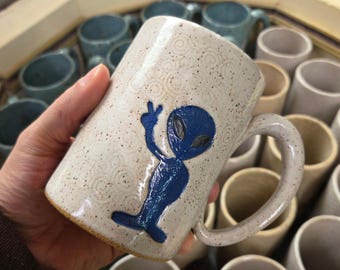 Handmade, in Ohio, Blue Alien on White Stoneware Mug, 14 oz