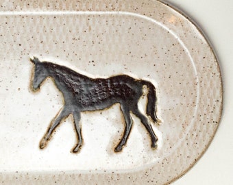 Brown Horse Handmade Oval Ceramic White Serving Platter / Dish