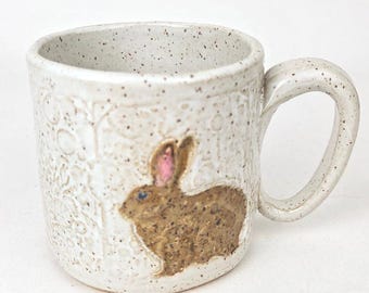 Brown Rabbit on White 10oz Stoneware Handmade in Ohio Mug