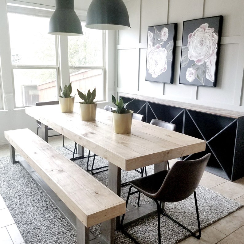 Made To Order Modern Rustic Farmhouse Dining Table And Bench Set Gray Natural Wood