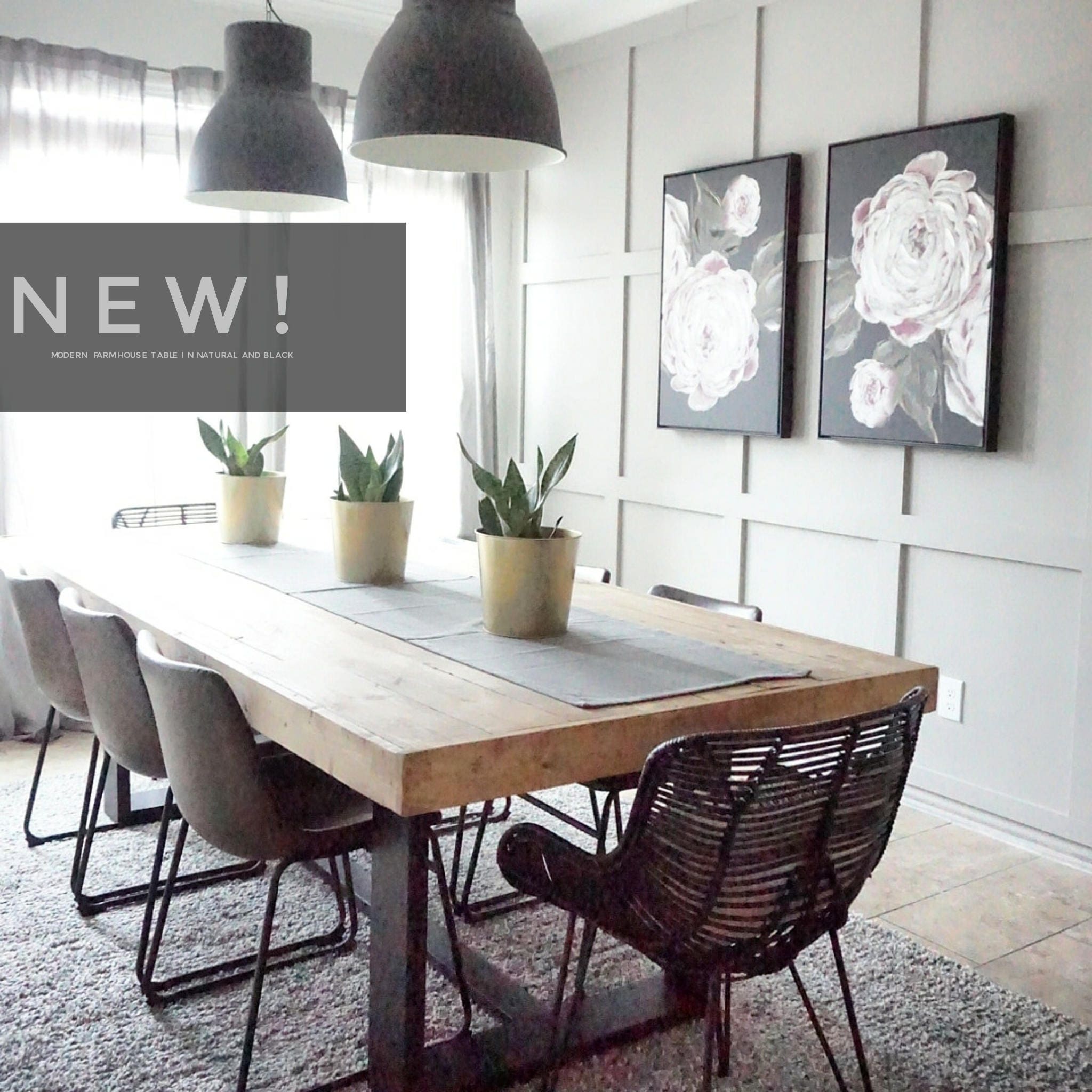 Modern Farmhouse Dining Table With Black Base And Natural Top Etsy