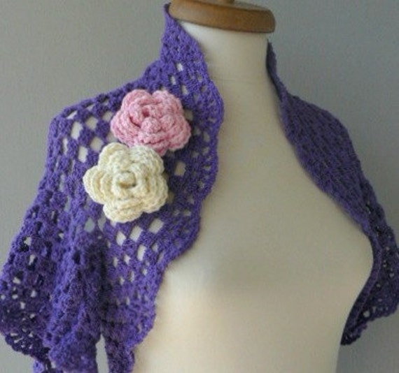 Items similar to Purple cotton shrug violet sweater with pink and ivory flower brooches