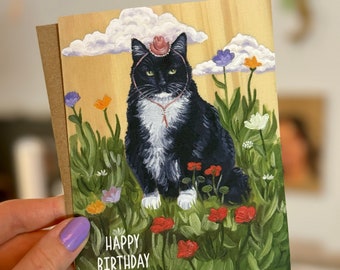 Happy Birthday Greeting Card, Cat Greeting Card, Cowboy Cat Card, Black Cat Card, Card made from Art, Handmade Card, Cowboy Cat, Western