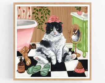 Cat Bathroom Print, Cat Print, Bathroom Print, Cat Art, Cat Lover Gift, Funny Cat Print, Cute Cat Print, Black and White Cat Print