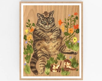 Cowboy Cat Print, Retro Western Art Print, Art for Cat Lover, Funny Cat Print, Wall Art, Funny Cat Gift, Cat and Flowers, Western Wall Decor