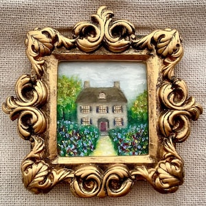 Victorian Home Miniature Oil Painting: Gold Ornate Frame, Countryside House