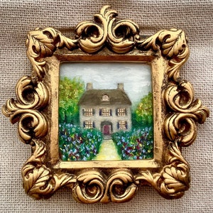 Ornate gold framed oil painting gift landscape farmhouse garden original hand painted French Victorian mood rustic house miniature artwork