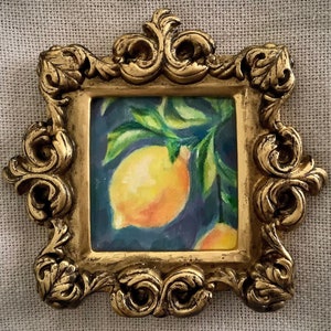 Lemon still life painting, vintage gold framed miniature oil fruit painting, yellow artwork for kitchen decor
