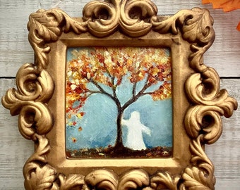 Framed Ghost Painting: Miniature Dark Academia Decor, Autumnal Art