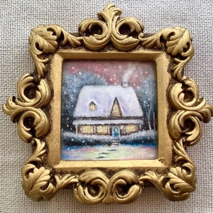 Cozy Cottage in the Snow oil painting with ornate gold frame