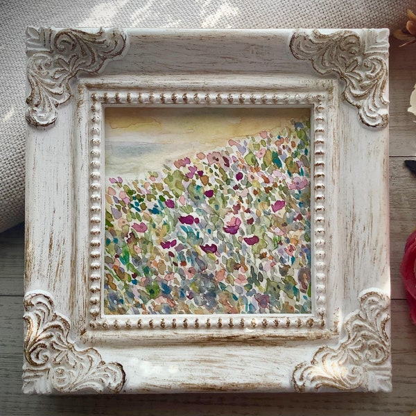 Cottage Chic Watercolor Wildflowers, Ornate Framed Artwork, Serene Home Decor