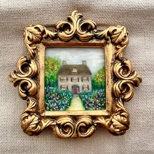 Vintage ornate gold framed oil painting landscape farmhouse garden original hand painted French Victorian mood rustic house miniature art