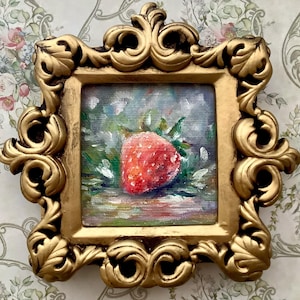 Ornate gold framed oil painting gift, strawberry still life, garden original hand painted cottage style mood rustic miniature artwork