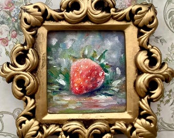 Framed Strawberry Still Life Miniature Oil Painting, Ornate Gold Frame