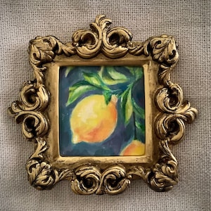 Lemon still life vintage ornate gold framed oil painting yellow farmhouse garden original hand painted French Country mood miniature art