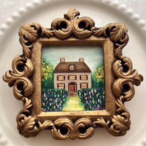 Vintage ornate gold framed miniature oil painting landscape farmhouse garden original hand painted French Victorian mood rustic house art