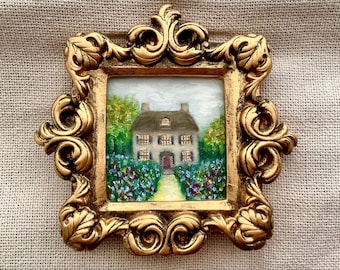 Vintage Framed Oil Painting: Farmhouse Landscape, Miniature Art