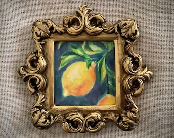 Lemon Still Life Oil Painting: Miniature French Country Art in Ornate Gold Frame