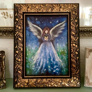 Framed Angel painting or fine art print night Angel in a garden, Healing Art, angel artwork, vintage style, ethereal art, Angel of Hope