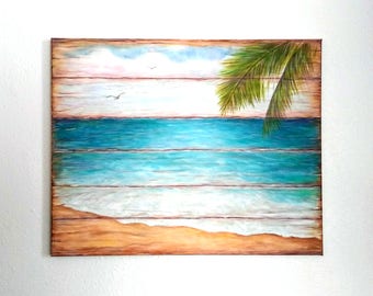 Beach Painting Original Canvas Wood Look Pallet Look Ocean Shore Palm Tree Summertime Nautical Rustic Shabby Chic Painting Original Artwork