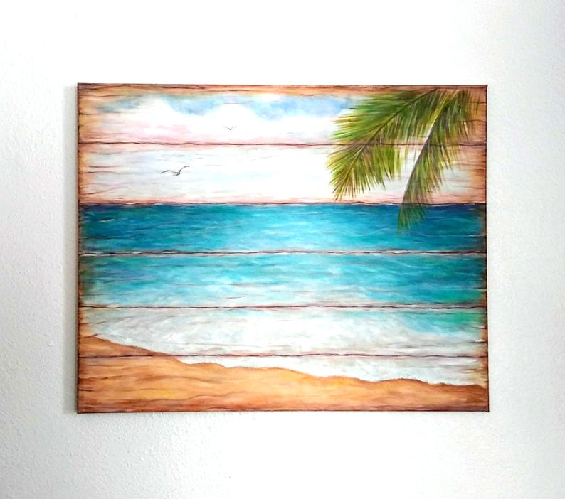 Beach Painting Original Canvas Wood Look Pallet Look Ocean Shore Palm Tree Summertime Nautical Rustic Shabby Chic Painting Original Artwork image 1