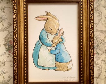 Op maat gemaakt, origineel, handgeschilderd schilderij in Beatrix Potter-stijl: Peter Rabbit & Moeder (zonder lijst)