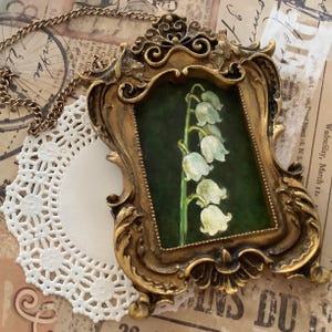Maiglöckchen Ölgemälde, verzierter Goldrahmen Vintage Stil botanische Kunstdekororiginal oder Druck, gotisches Miniaturkunstgeschenk