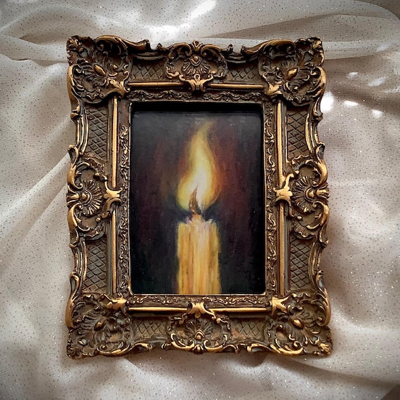 Framed Candle Still Life Painting, Colored Pencil Art, Moody Victorian Dark Academia Decor