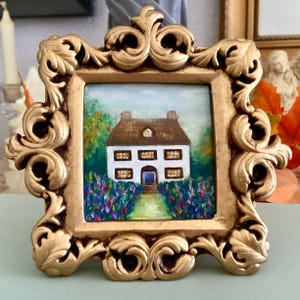 Ornate Gold Framed House Painting: Miniature French Country Art