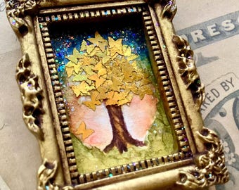 Hand-Painted Miniature Painting: Multimedia Artwork, Tree Art, Vintage Gold Frame Dollhouse Decor, Collectibles