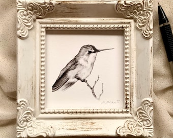 Framed Hummingbird Pencil Art Print, Hand-Signed Vintage Style Bird Decor