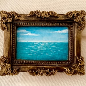 Tiny Oil Painting in Gold Frame, Framed seascape original signed art, Nautical Home Decor, Mini Ocean Oil Painting, Small Landscape Art