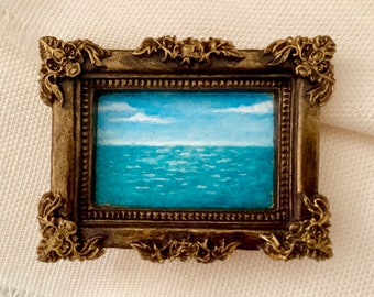 Mini Seascape Oil Painting in Gold Resin Frame: Nautical Art