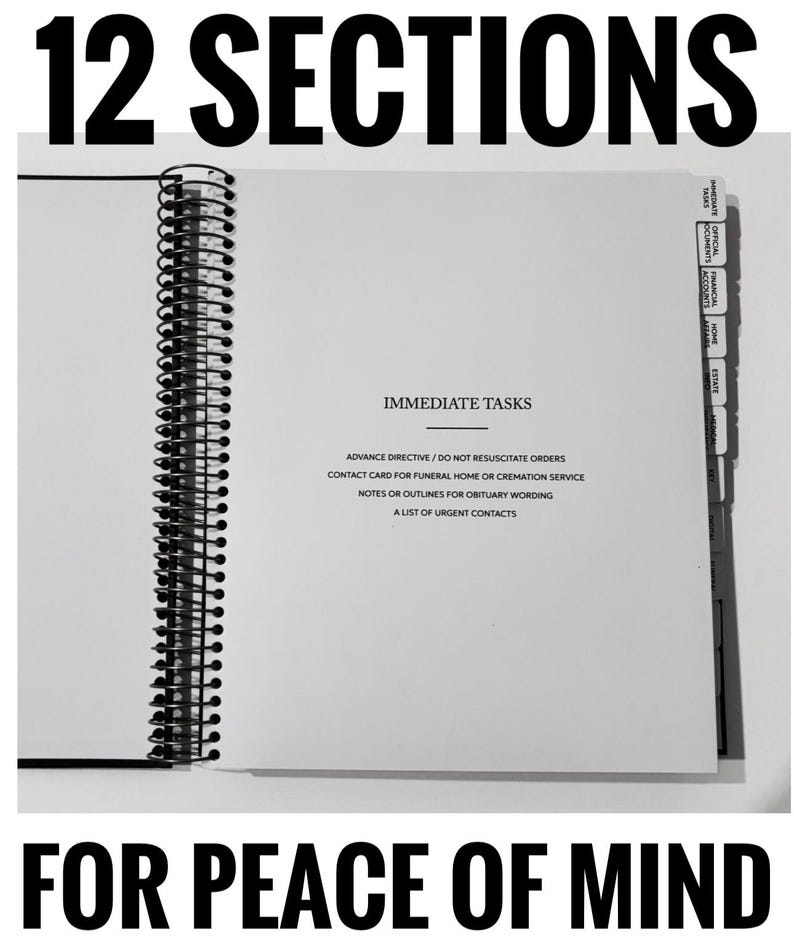May include: Open spiral-bound notebook with the text "12 SECTIONS FOR PEACE OF MIND." The notebook is open to a page with the heading "IMMEDIATE TASKS" and a list of related topics. Tabs on the right side are labeled.