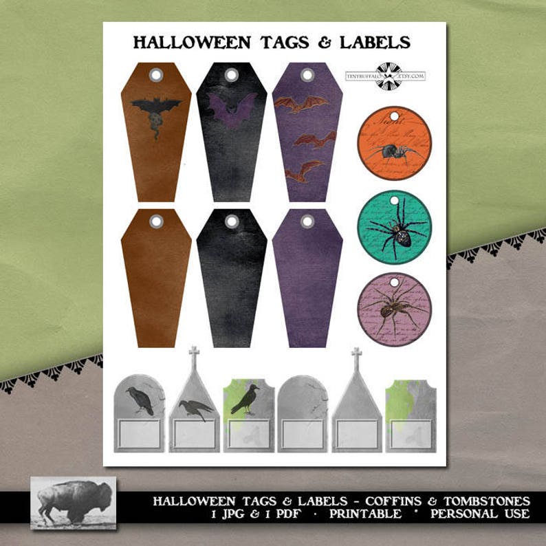 Halloween Tags & Labels, Coffins, Tombstones, Vintage Image Printable, ATC, Instant Download, Bats, Spiders, Graveyard image 1