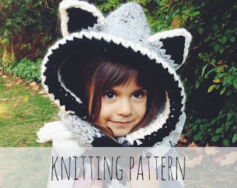 Knitting Pattern // Raccoon Hat Hood Cowl Scarf Knit Toddler Child Adult // Raymond the Raccoon Hood Pattern PDF