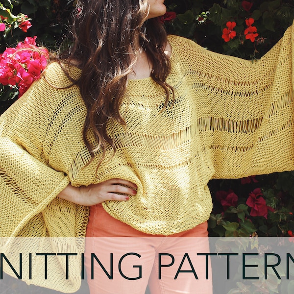 Knitting Pattern // Bat Wing Bell Sleeve Kimono Oversized Summer Sweater Drop Stitch // Lemon Drop Sweater Pattern PDF