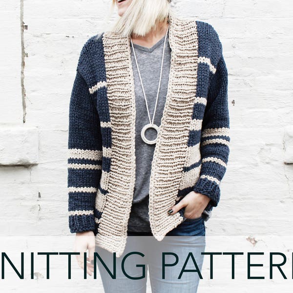 Knitting Pattern // Striped Boyfriend Cardigan Collegiate Classic Sweater // Oxford Boyfriend Cardigan Pattern PDF