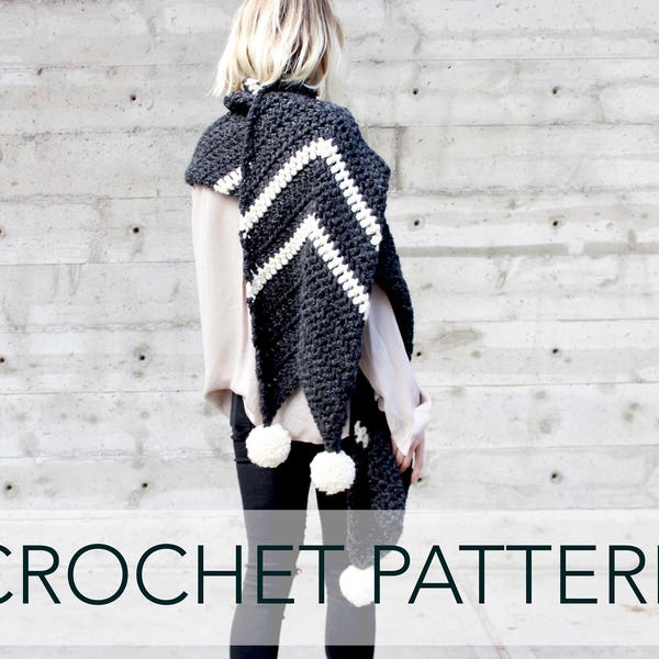 Häkelanleitung // Chevron Striped Zickzack Oversized Breit Pompom Schal // Columbia Chevron Super Schal Anleitung PDF