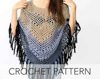 Crochet Pattern // Summer Lightweight Fringe Poncho Color Blocked // Ombre Canyon Poncho Pattern PDF