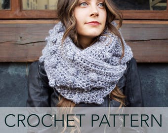 Crochet Pattern // Bobble Stitch Pompom Infinity Scarf Cowl // Frozen Lake Infinity Scarf Pattern PDF