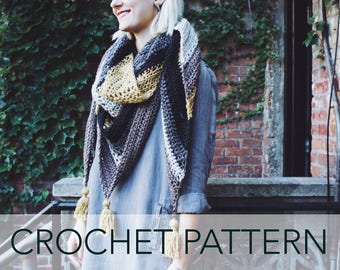 Crochet Pattern // Striped Tassels Triangle Top Down Shawl Scarf Eyelet // Tea House Wrap Pattern PDF