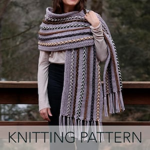 May include: Knitting pattern for a purple and brown striped scarf with fringe. The scarf is made with a variety of yarns in different textures and colors.
