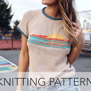 Knitting Pattern // Raglan Ringer 70s Retro Sunset Duplicate Stitch T-shirt Tee // Sunset Ringer Tee Pattern PDF