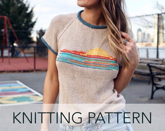 Knitting Pattern // Raglan Ringer 70s Retro Sunset Duplicate Stitch T-shirt Tee // Sunset Ringer Tee Pattern PDF